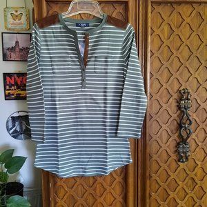 CHAPS 3/4 Sleeve Striped Henley Top w pocket NWT- Green/White, Size S